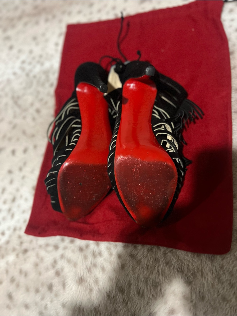 Christian Louboutin Black Fringe Peep-Toe Heels - Picture 3 of 5